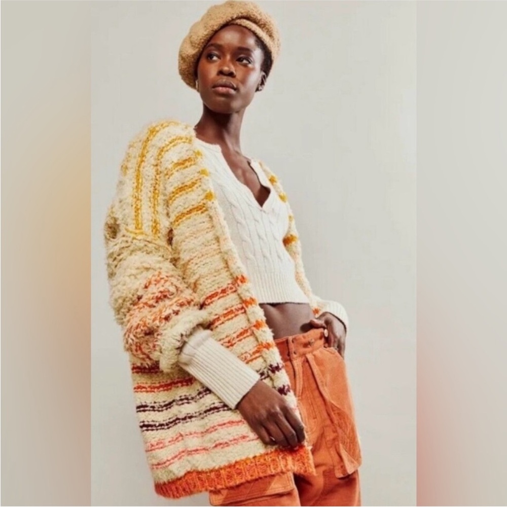 Free People Cream and Orange Striped Cardigan
